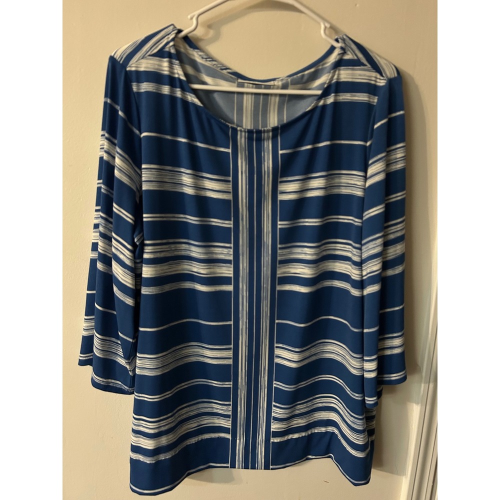 Susan Graver Blue White Striped Liquid Knit 3/4 Sleeve Top Scoop Neck Blouse